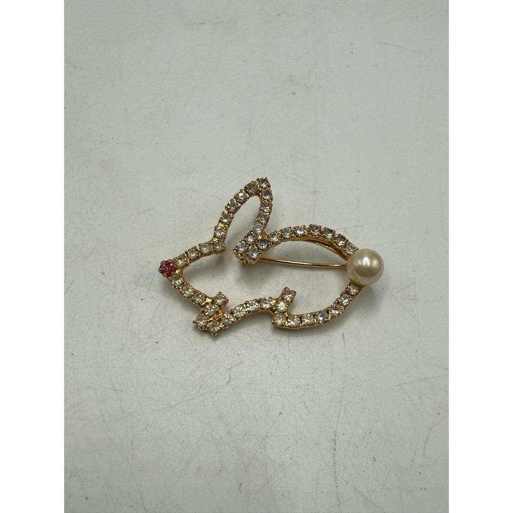 Vintage Gold Tone Rhinestone Bunny Rabbit Brooch Faux Pearl Tail Pink Eye Pin